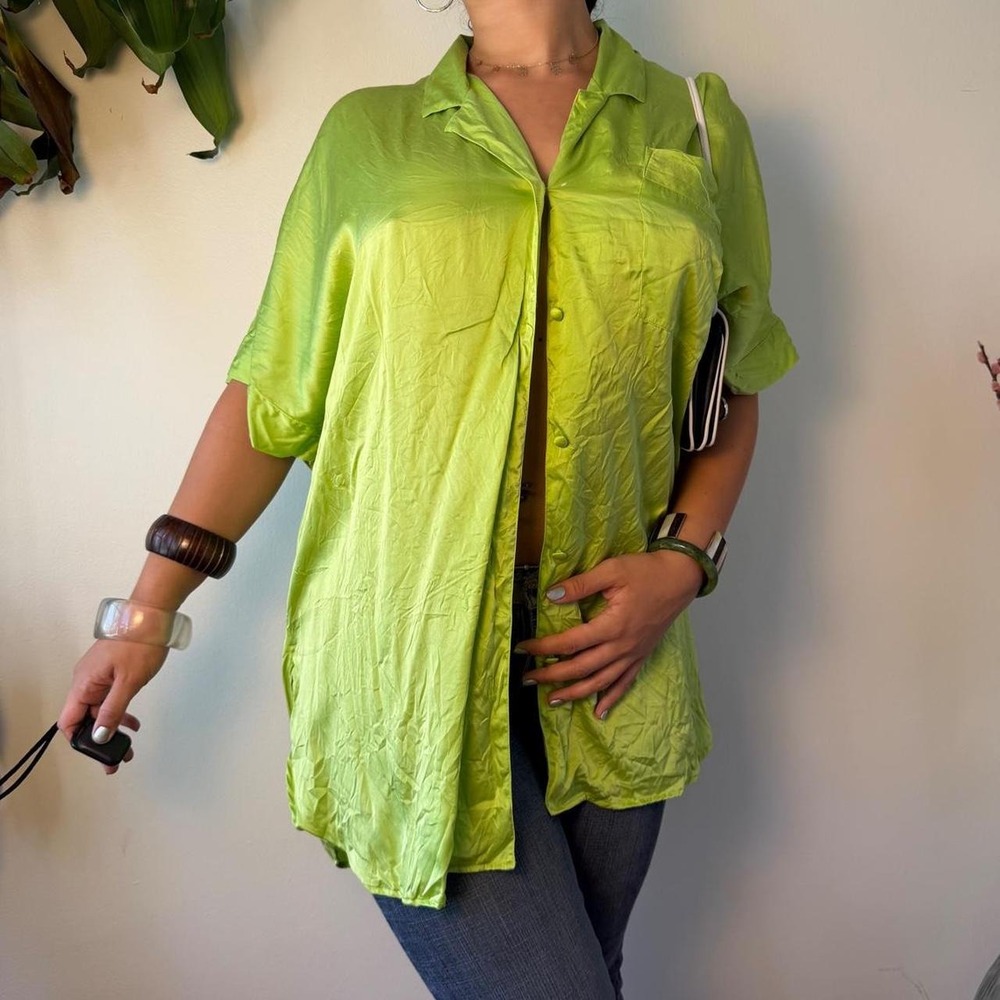 August Silk Vintage 90s Chartreuse Lime Green 100% Silk Button Up Shirt Medium